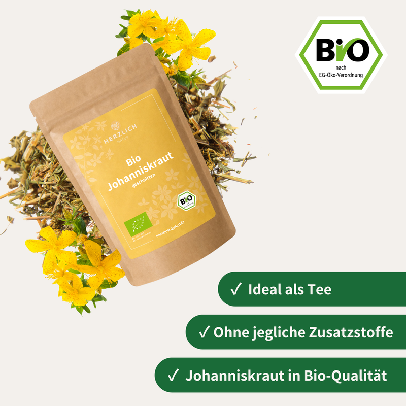 Bio Johanniskraut Tee Packung — 100g Teeblüten | Herzlich Natur