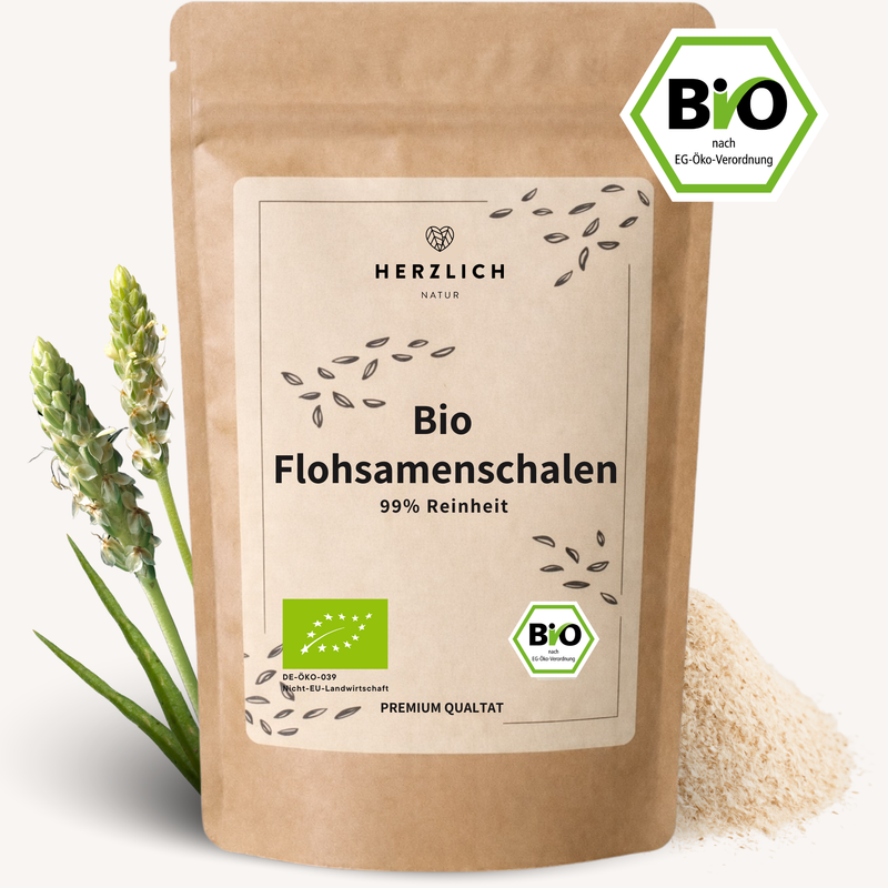 Bio Flohsamenschalen 99% Reinheit — Plantago ovata aus Indien | Herzlich Natur